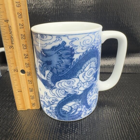Vintage Chinese Blue Dragon Serpent Coffee Mug Cup Set 2 Stoneware Ceramic Mugs - Picture 4 of 12